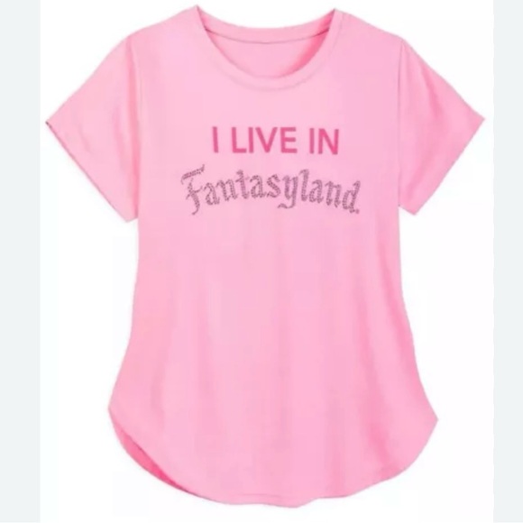 Disney Tops - DISNEY PARKS “I live in Fantasyland” Parks pink rhinestone tee size L NWOT
